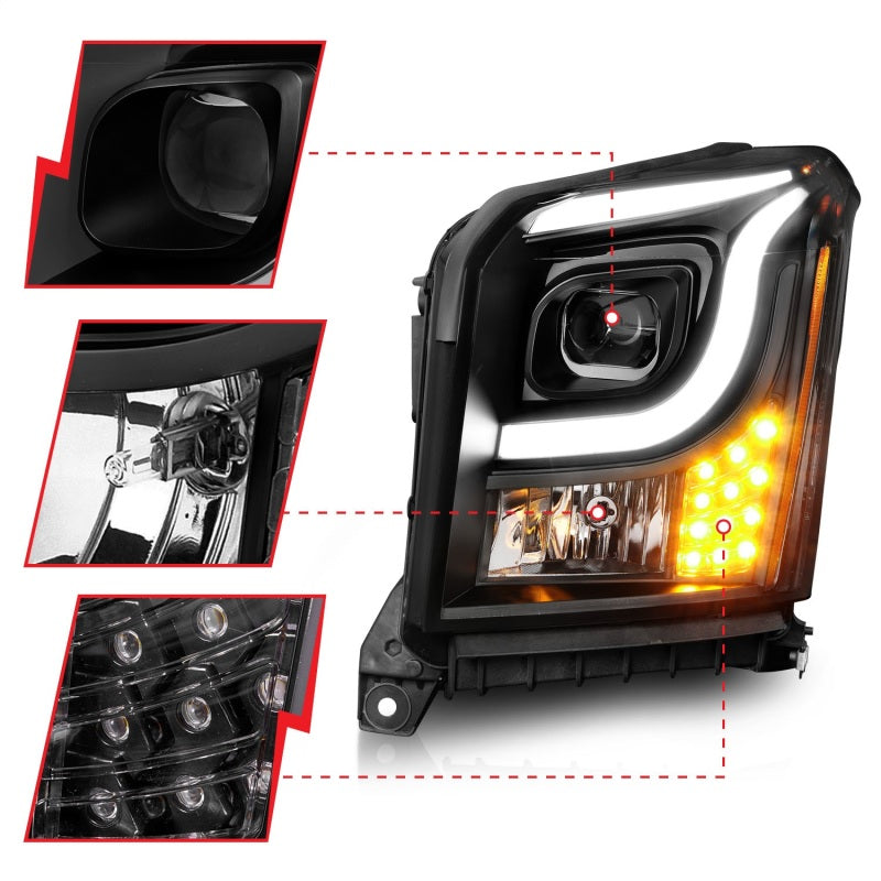 ANZO 15-17 GMC Yukon/Yukon XL Projector Headlights Black Housing/Clear Lens (w/ Light Bars)