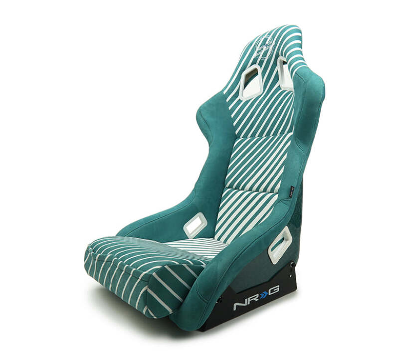 NRG FRP Bucket Seat - 20 Year Anniversary - Microfiber Green w/ White Stripes & Arrow Design - Large